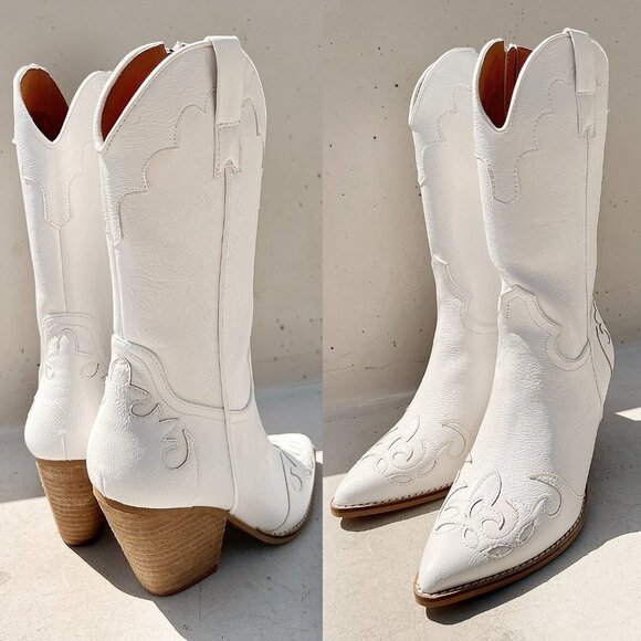NEW White Western Cowgirl Cutout Applique Pointy Toe Block Heel Mid Calf Boots - Picture 14 of 16